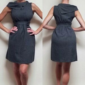 Pierre Cardin Vintage Gray Houndstooth Sleeveless Shawl Collar Belted Mini Dress